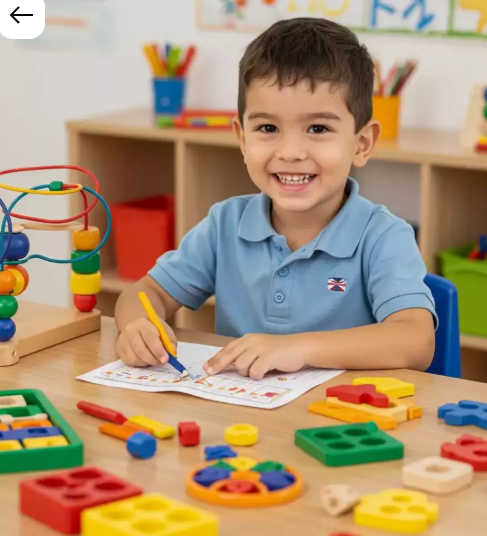 Garoto sorrindo enquanto desenha com lápis, cercado por materiais pedagógicos em uma sala de aula.