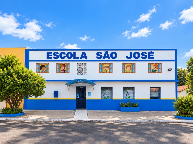 Fachada azul e branca com o nome Escola São José, árvores e entrada central.