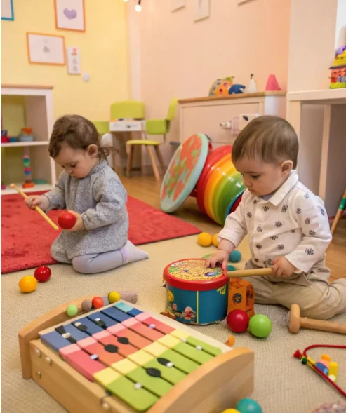 Duas crianças pequenas brincando com instrumentos musicais e brinquedos.