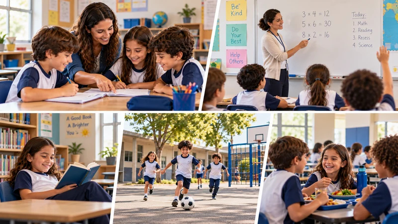 Montagem de crianças em atividades de aprendizagem, leitura, esporte e convivência.