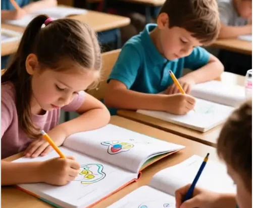 Crianças desenhando e escrevendo em cadernos.