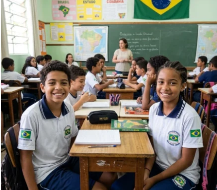 Estudantes em sala de aula com livros sobre as mesas.